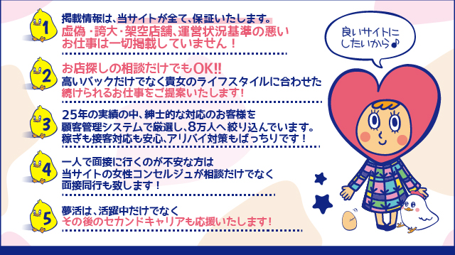 1：掲載情報は、当サイトが全て、保証いたします。掲嘘・誇大・架空店舗、運営状況基準の悪いお仕事は一切掲載していません！ 2：お店探しの相談だけでもOK!!高いバックだけでなく貴女のライフスタイルに合わせた続けられるお仕事をご提案いたします。 3：25年の実績の中、紳士的な対応のお客様を顧客管理システムで、厳選し、3万人へ絞り込んでいます。稼ぎも接客対応も安心、アリバイ対策もバッチリです。 4：一人でお仕事探し、面接は不安といわれる方は当サイトの女性コンセルジュが相談だけでなく面接同行も致します！ 5：夢活は、活躍中だけでなくその後のセカンドキャリアも応援いたします！