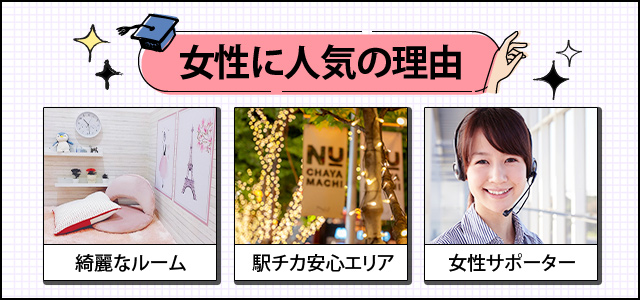 女性に人気の理由 綺麗なルーム、駅チカ安心エリア、女性サポーター