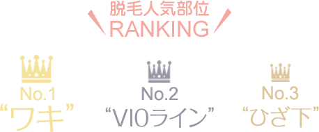 脱毛人気部位RANKING No.1:ワキ No.2:VIOライン No.3:ひざ下