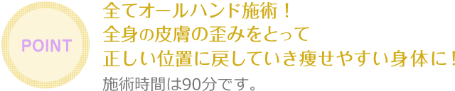 全てオールハンド施術！全身の皮膚の歪みをとって正しい位置に戻していき痩せやすい身体に！施術時間は90分です。