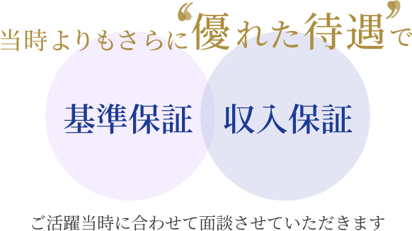 当時よりもさらに優れた待遇で「基準保証」「収入保証」 ご活躍当時に合わせて面談させていただきます