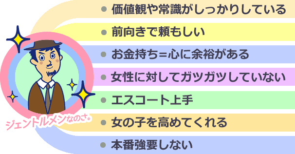 価値観や常識がしっかりしている、前向きで頼もしい、お金持ち＝心に余裕がある、女性に対してガツガツしていない、エスコート上手、女の子を高めてくれる、本番強要しない