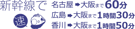 新幹線で 速 名古屋→大阪まで60分 広島→大阪まで1時間30分 香川→大阪まで1時間50分